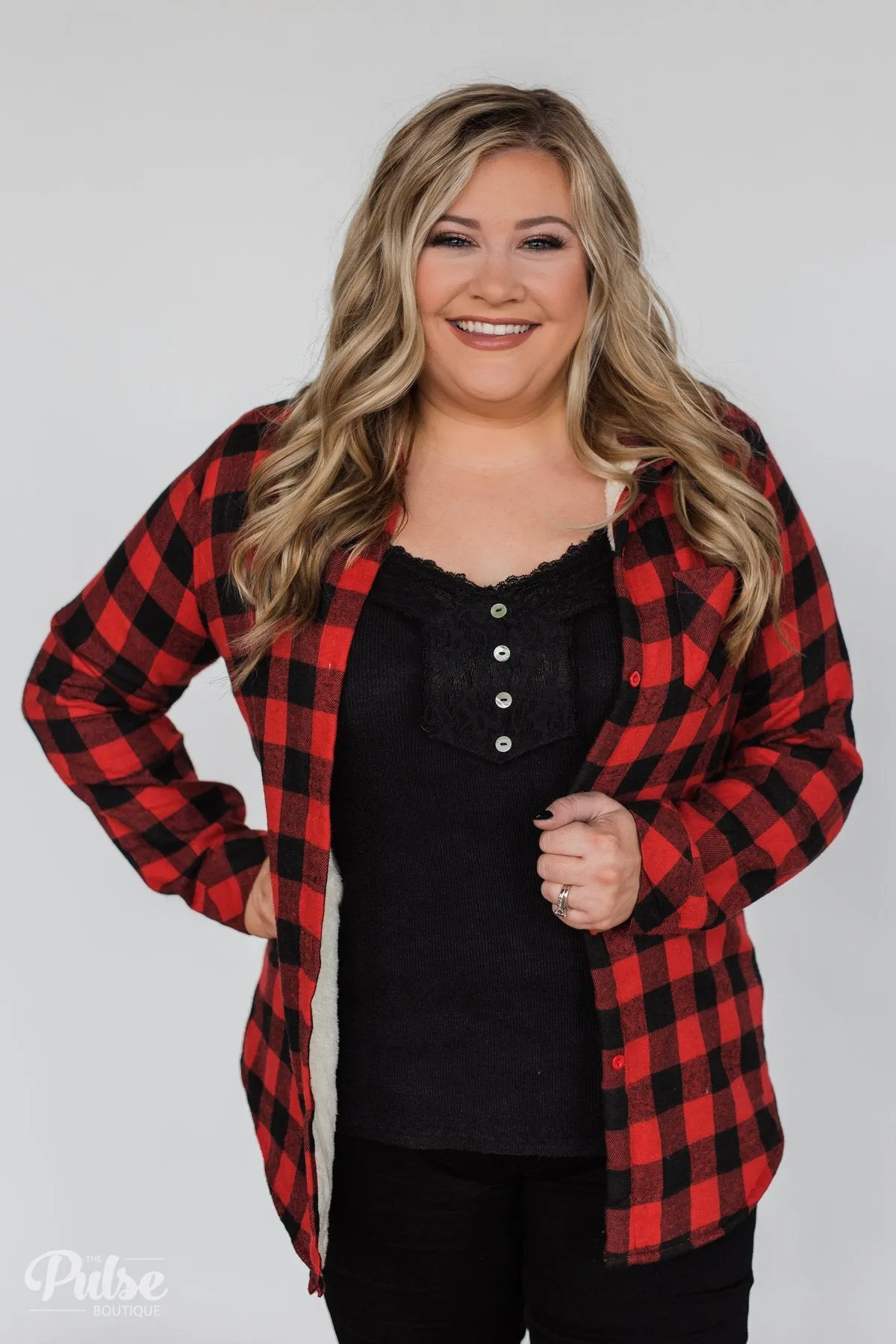 Plaid With The Fur Top- Red & Black