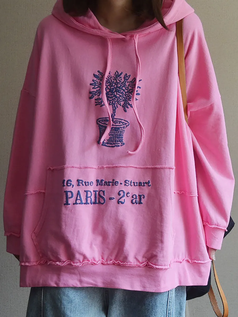 Plant Print 100% Cotton Hooded Spring Sweatshirt