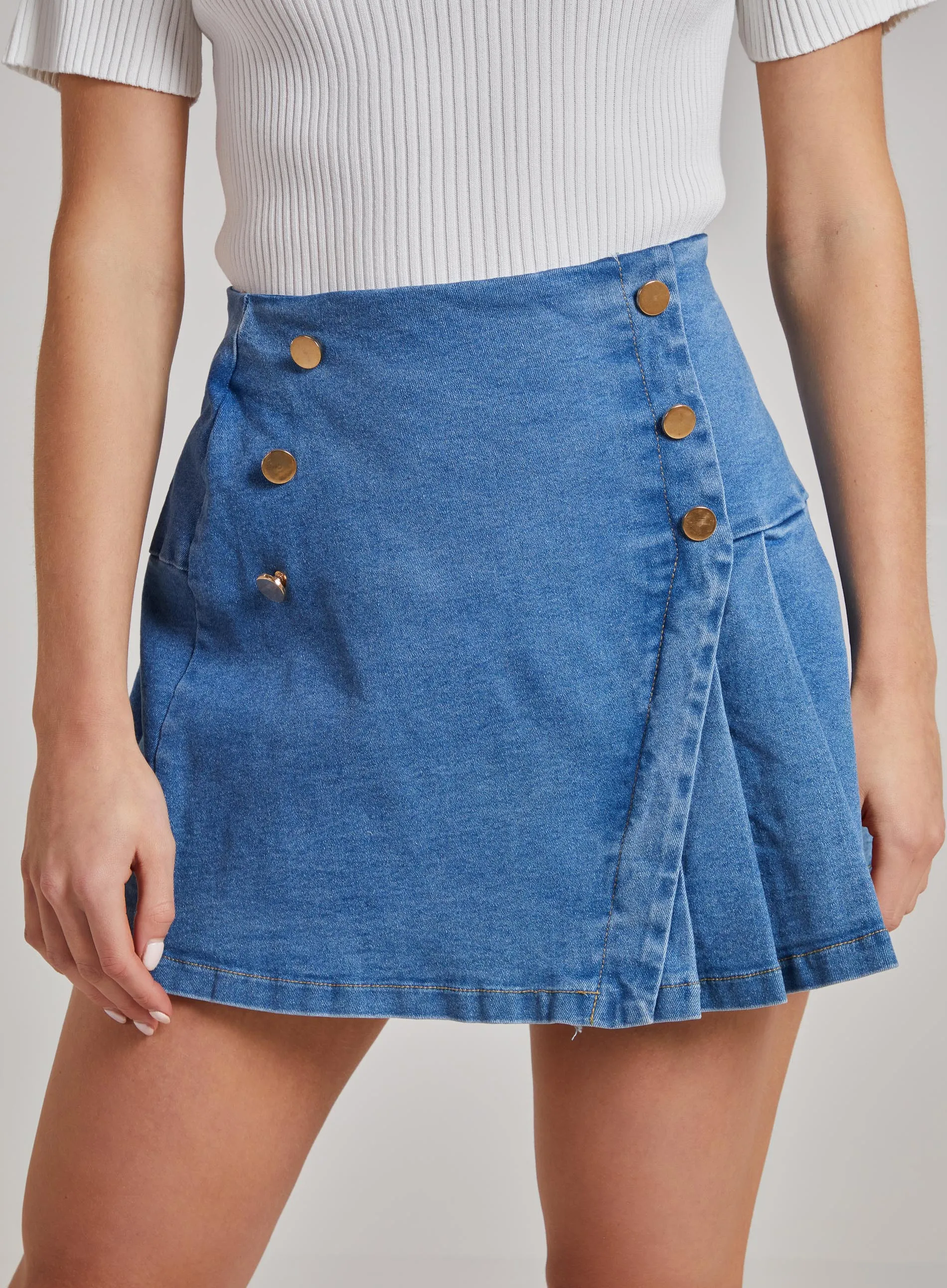 Pleated Button Detail Denim Skirt