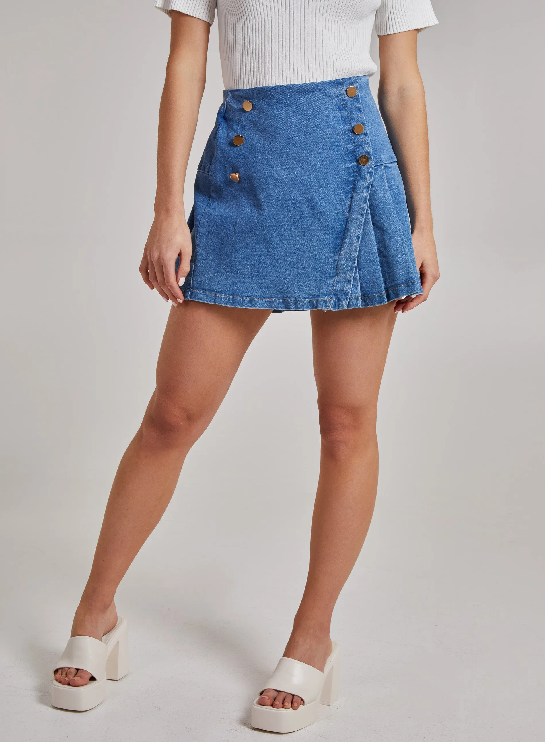 Pleated Button Detail Denim Skirt