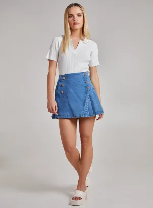 Pleated Button Detail Denim Skirt