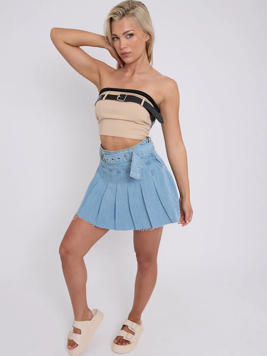Pleated Denim Skirt With Matching Belt