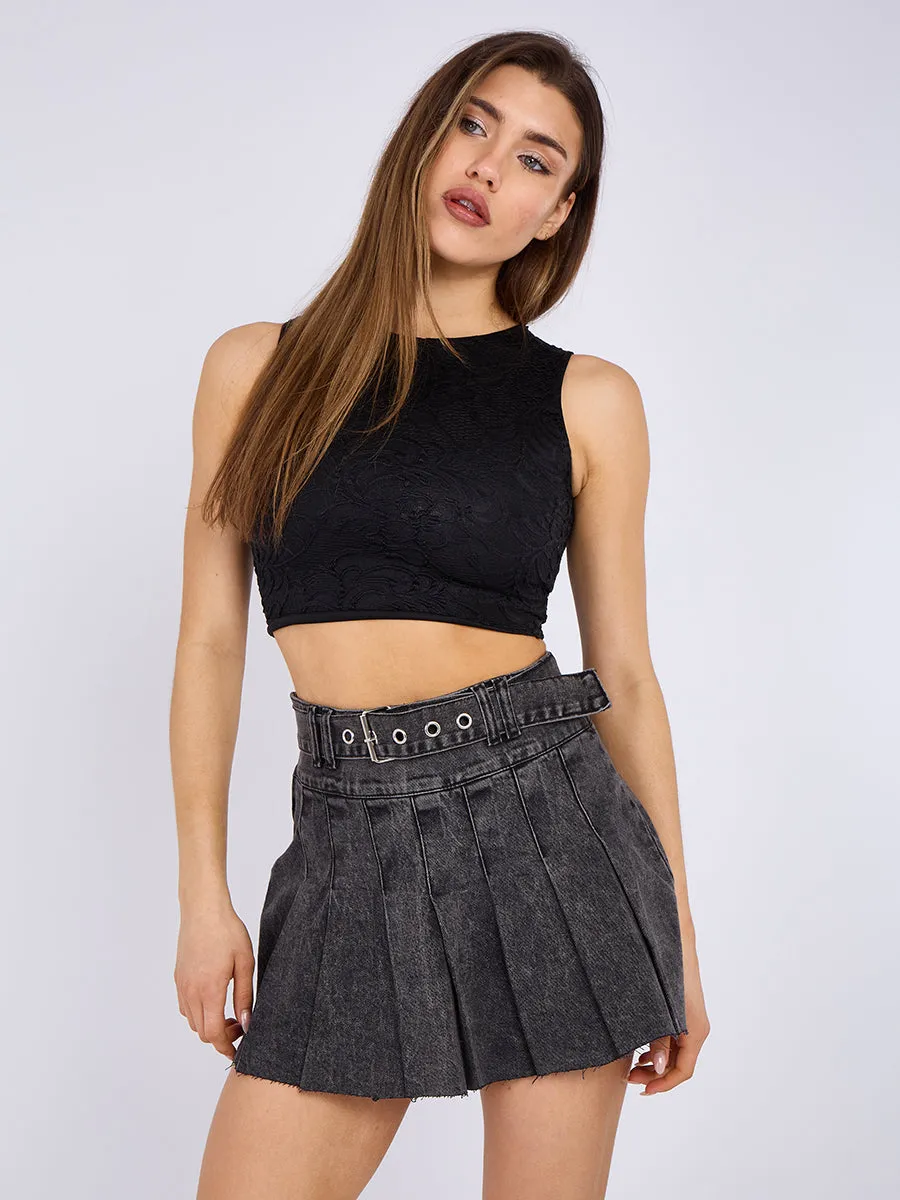 Pleated Denim Skirt With Matching Belt