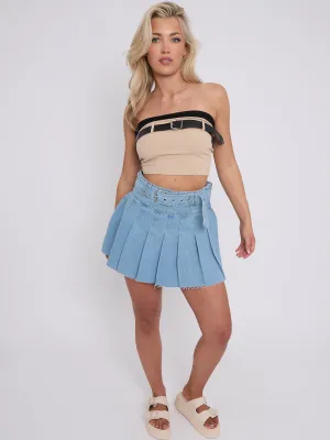 Pleated Denim Skirt With Matching Belt