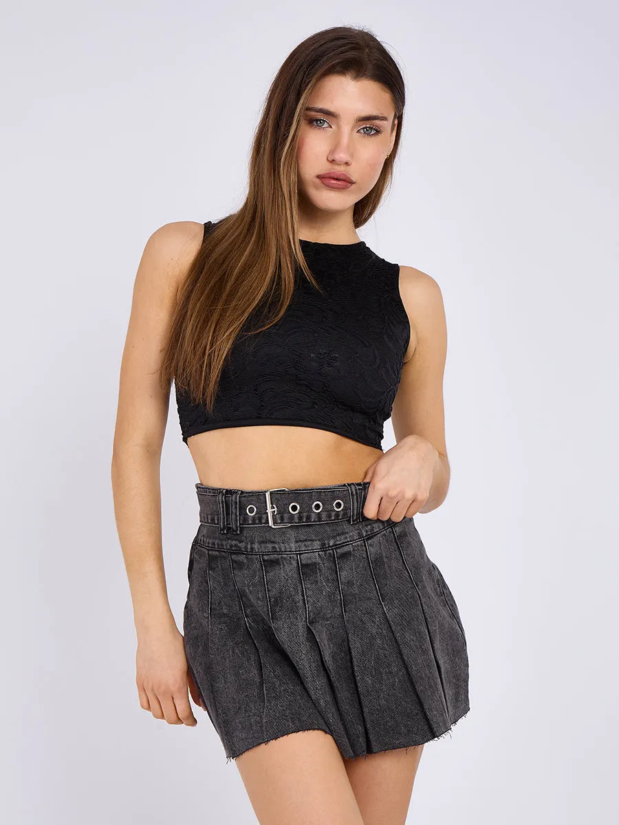Pleated Denim Skirt With Matching Belt