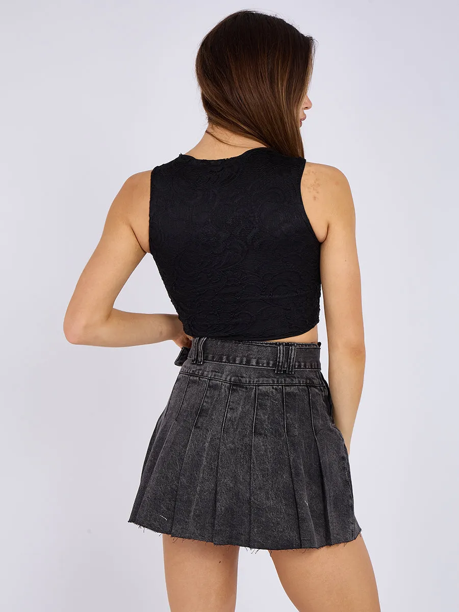 Pleated Denim Skirt With Matching Belt