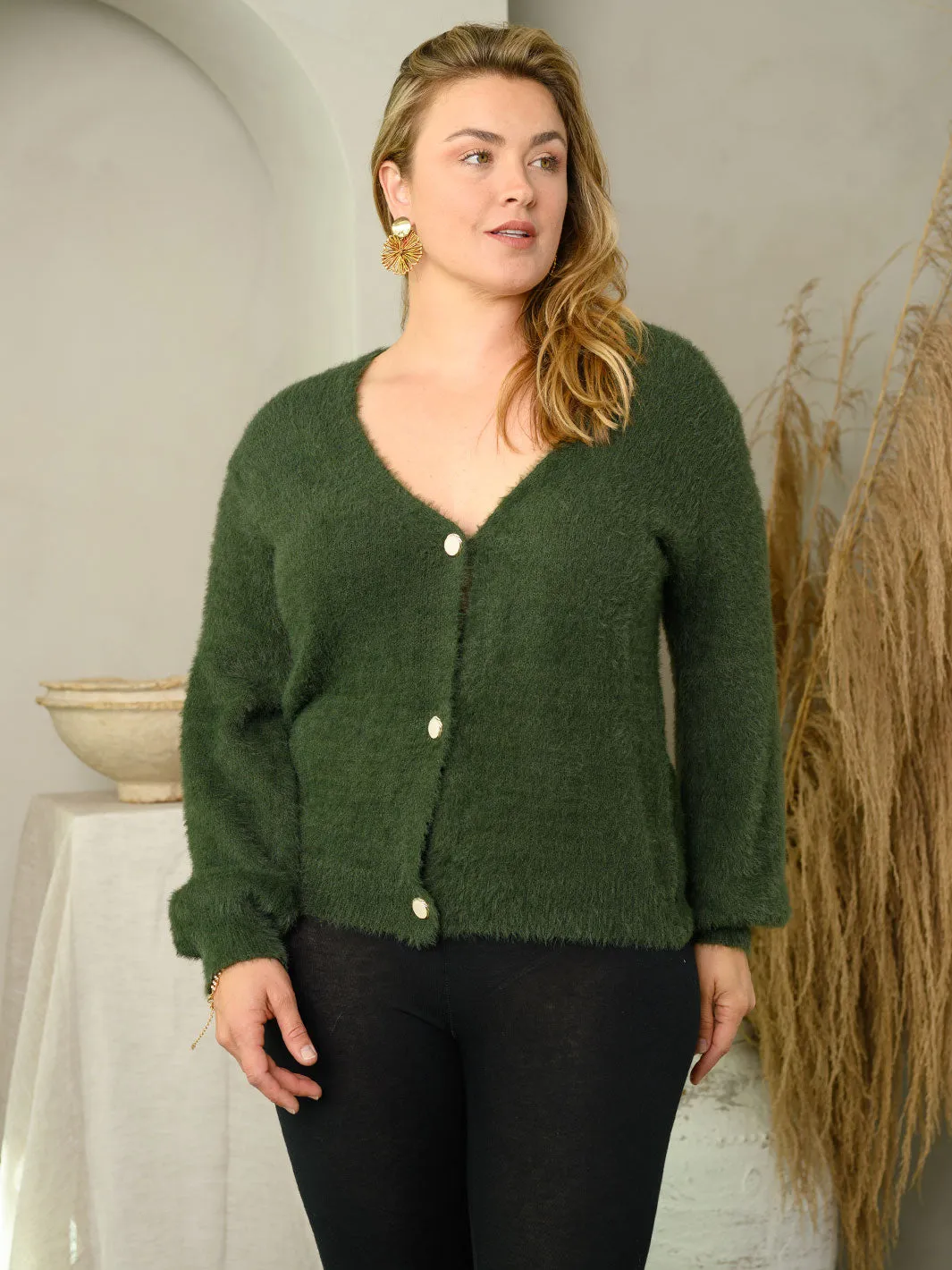 PLUS SIZE LONG SLEEVE SOFT FUZZY BUTTON DOWN SWEATER