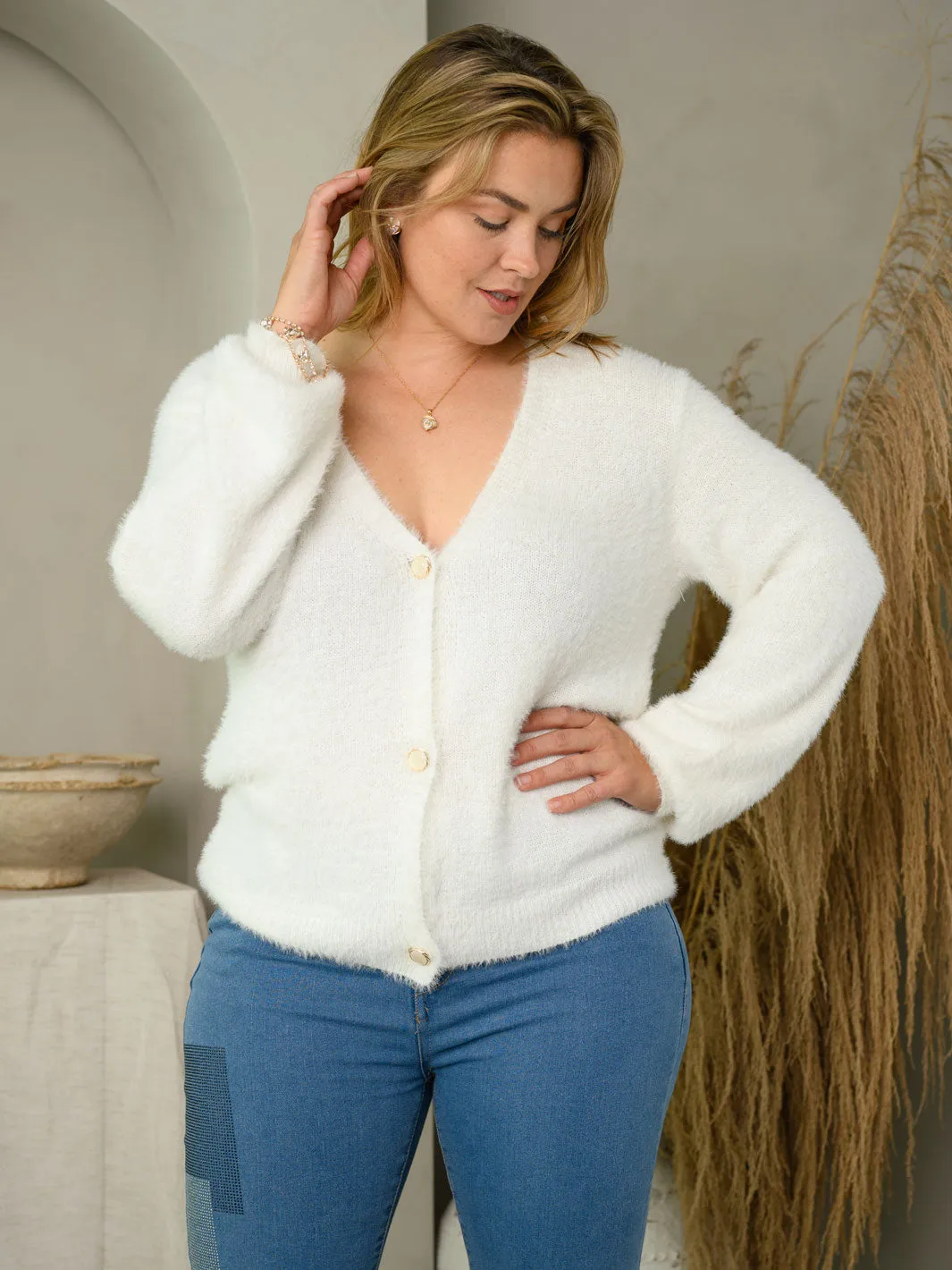 PLUS SIZE LONG SLEEVE SOFT FUZZY BUTTON DOWN SWEATER