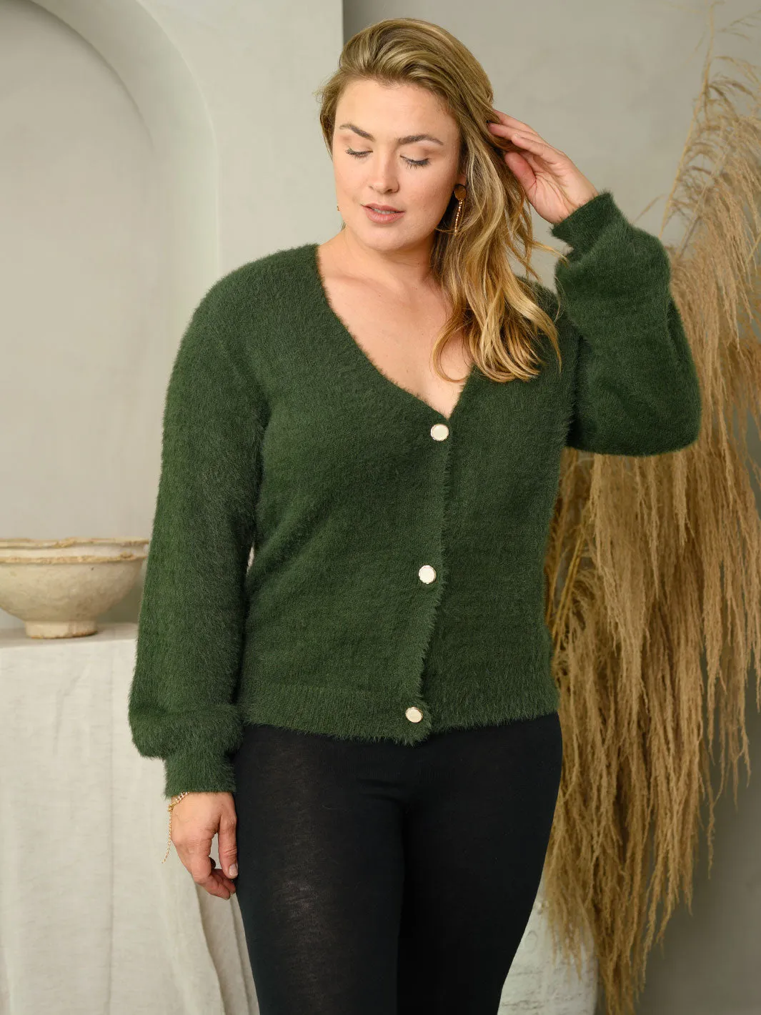 PLUS SIZE LONG SLEEVE SOFT FUZZY BUTTON DOWN SWEATER