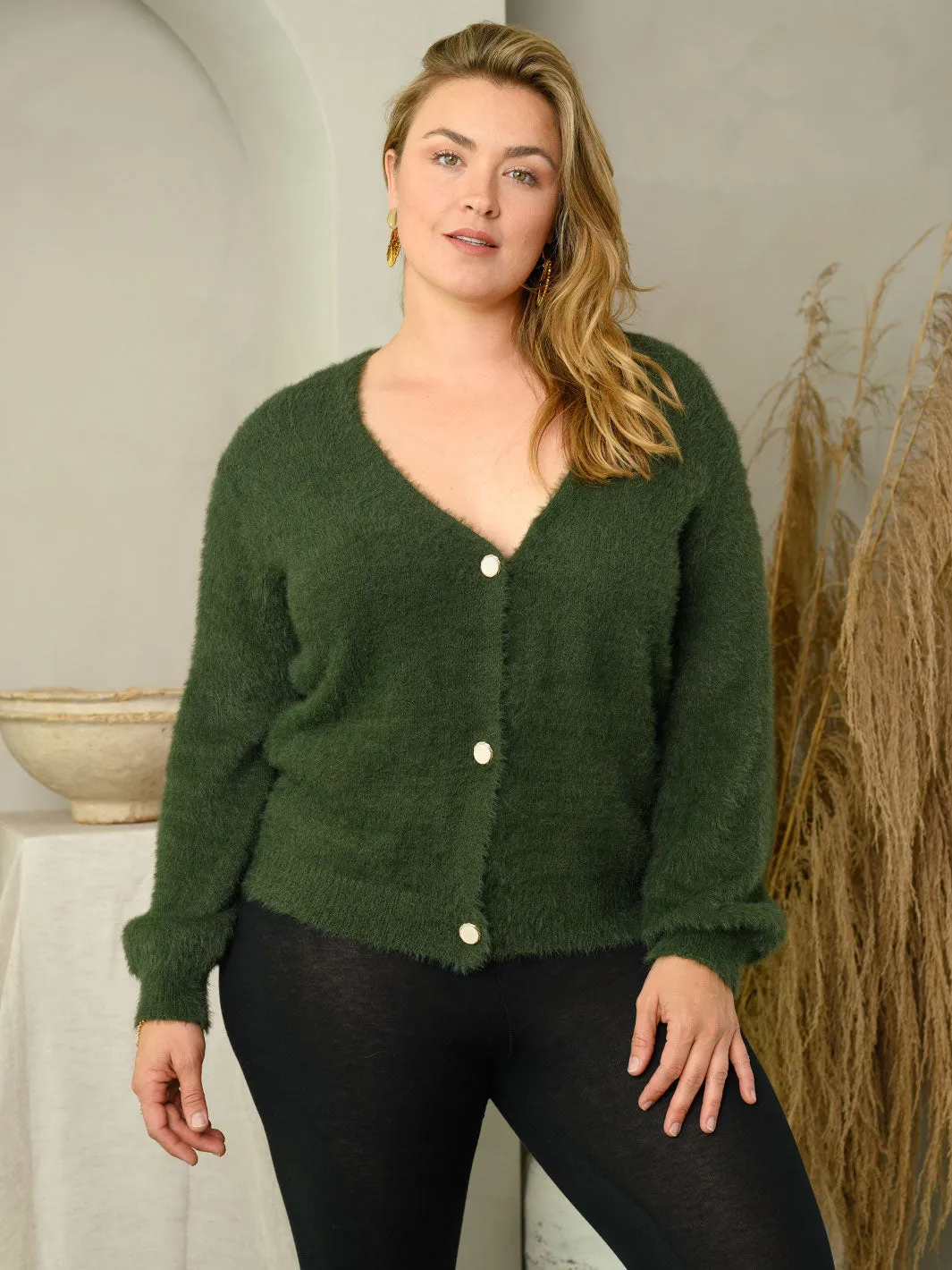 PLUS SIZE LONG SLEEVE SOFT FUZZY BUTTON DOWN SWEATER