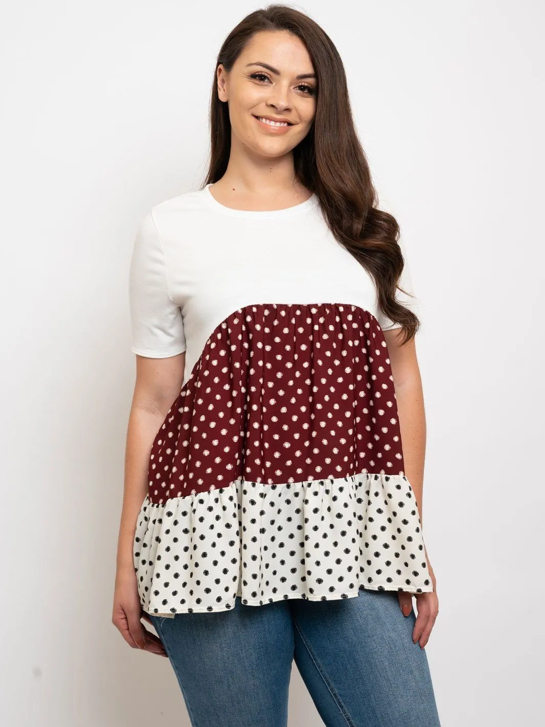 PLUS SIZE MULTI COLOR POLKA DOT PRINT RUFFLE TOP