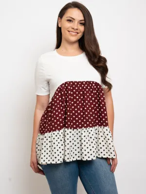 PLUS SIZE MULTI COLOR POLKA DOT PRINT RUFFLE TOP