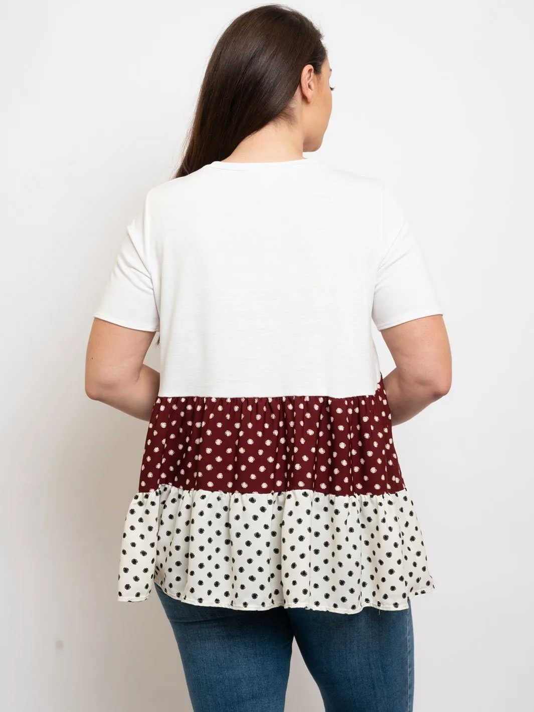PLUS SIZE MULTI COLOR POLKA DOT PRINT RUFFLE TOP