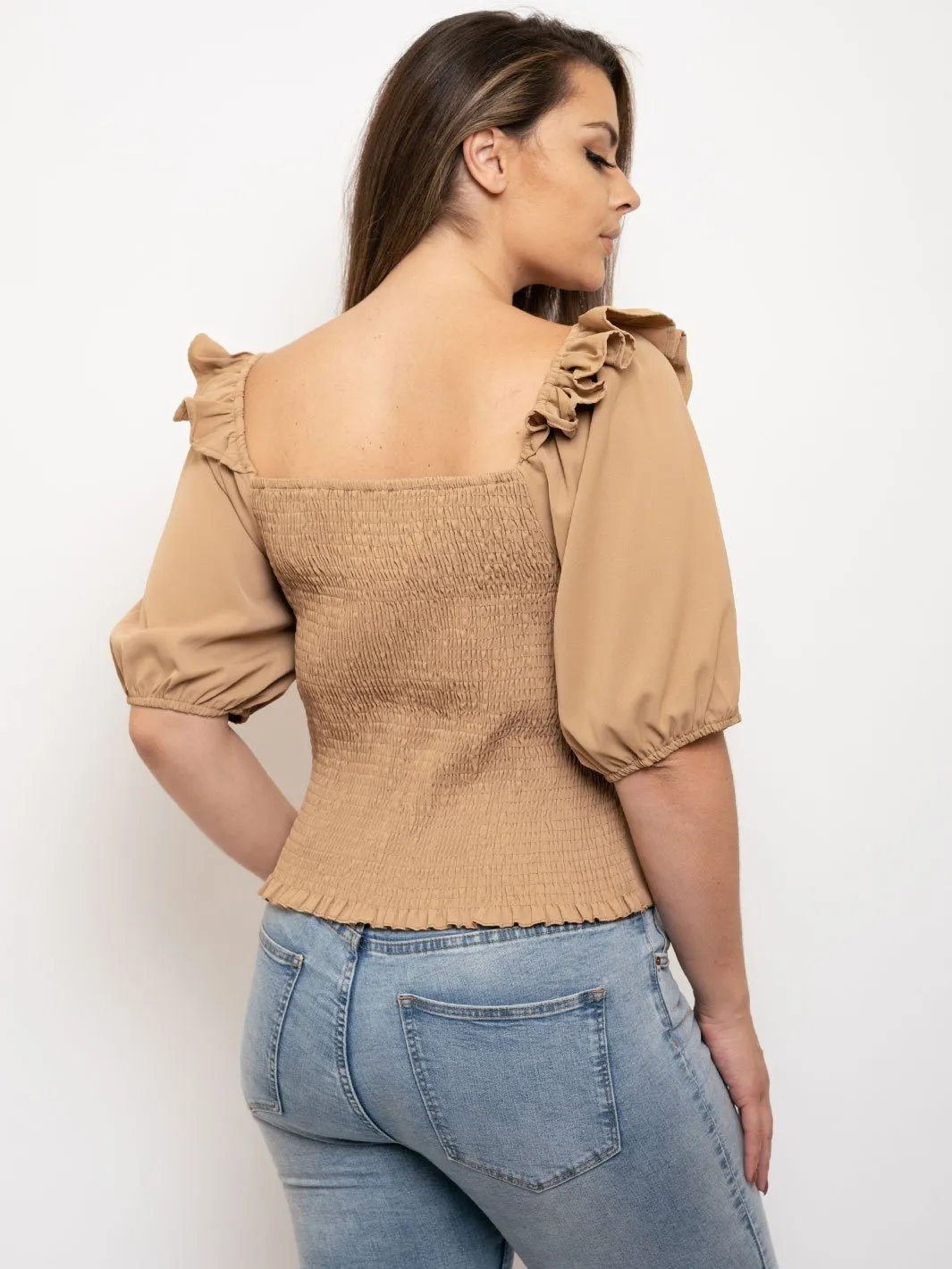 PLUS SIZE RUFFLE 3/4 SLEEVES LACE UP TOP