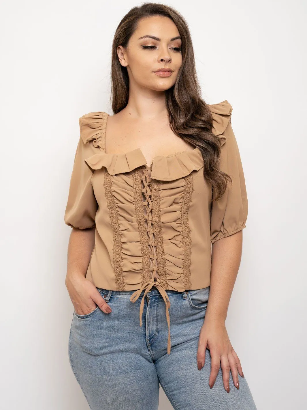 PLUS SIZE RUFFLE 3/4 SLEEVES LACE UP TOP