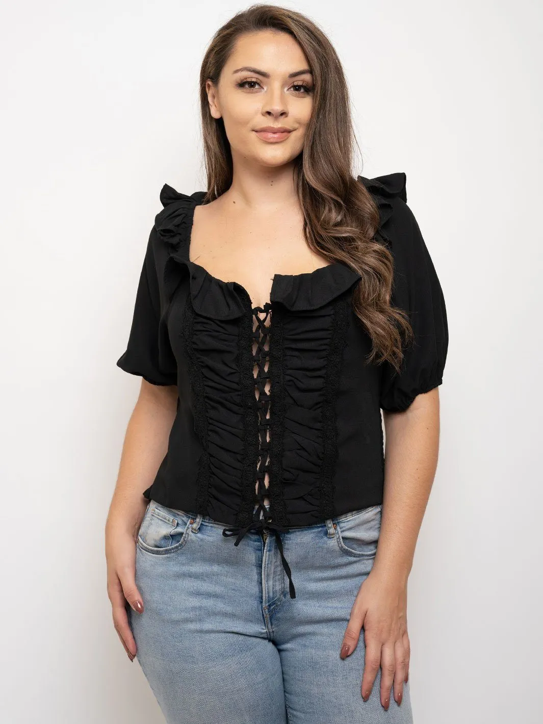 PLUS SIZE RUFFLE 3/4 SLEEVES LACE UP TOP