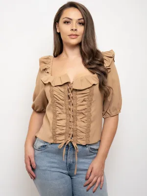 PLUS SIZE RUFFLE 3/4 SLEEVES LACE UP TOP