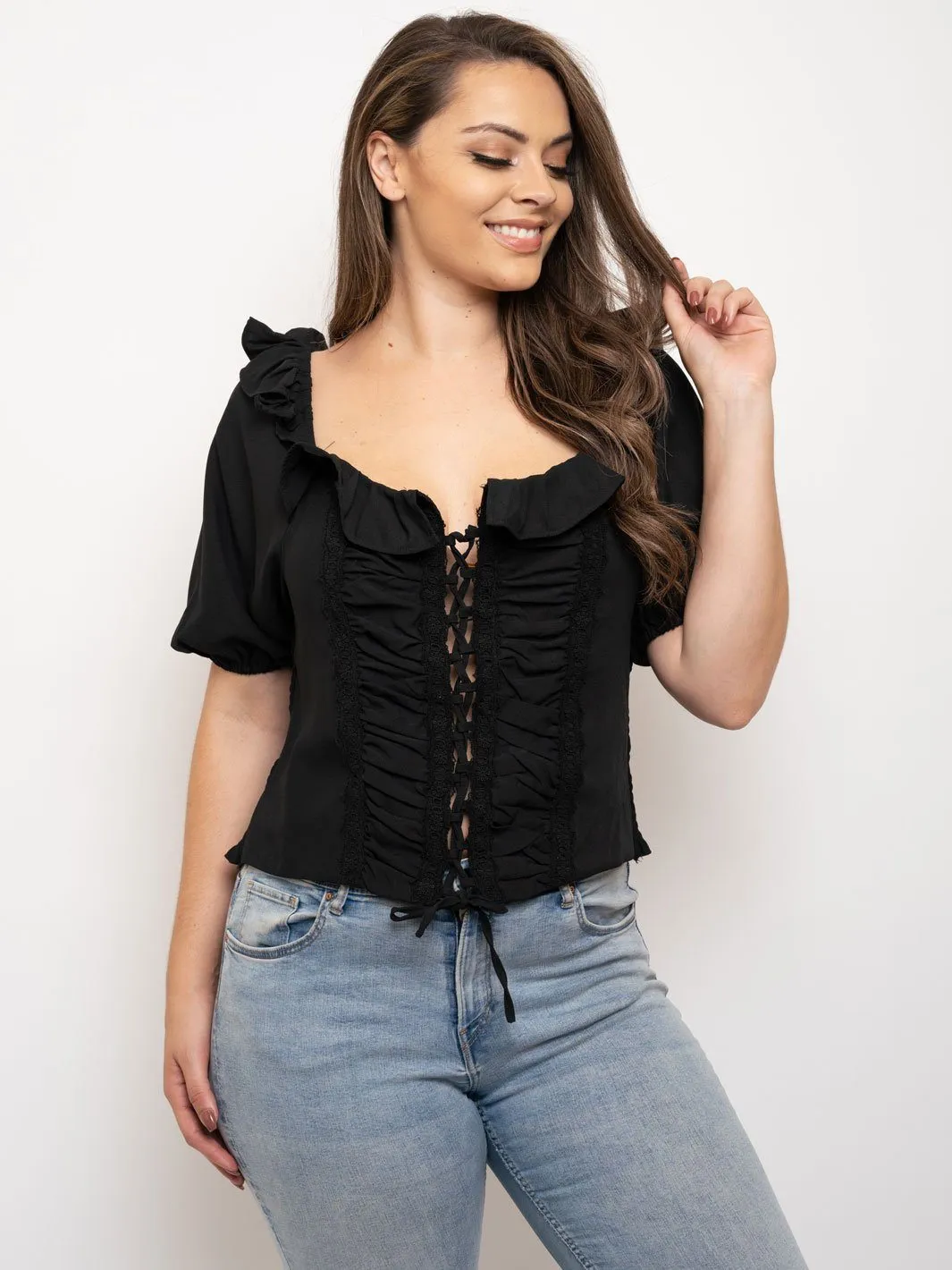 PLUS SIZE RUFFLE 3/4 SLEEVES LACE UP TOP