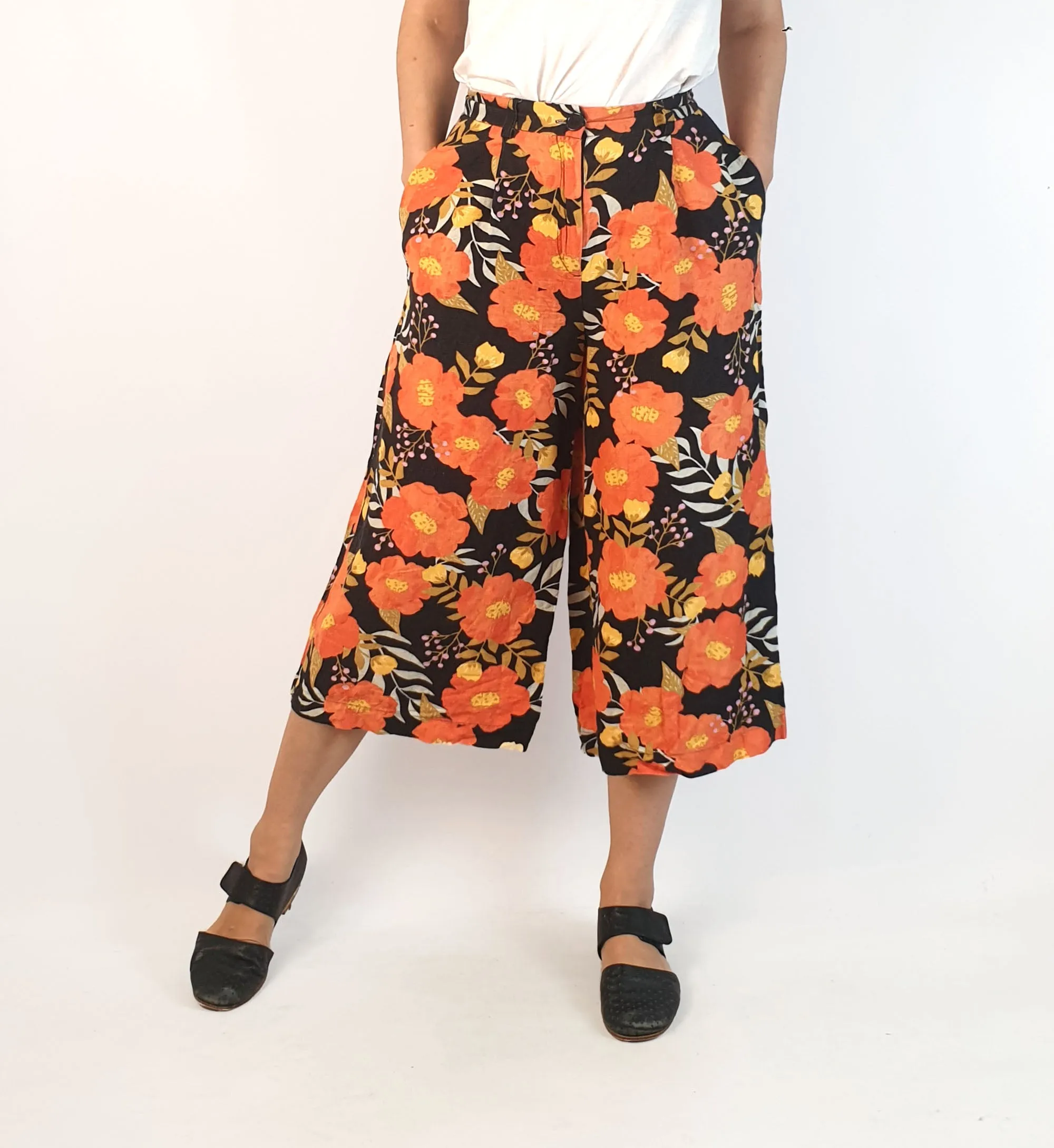 Princess Highway orange flower print wide leg linen mix pants size 8