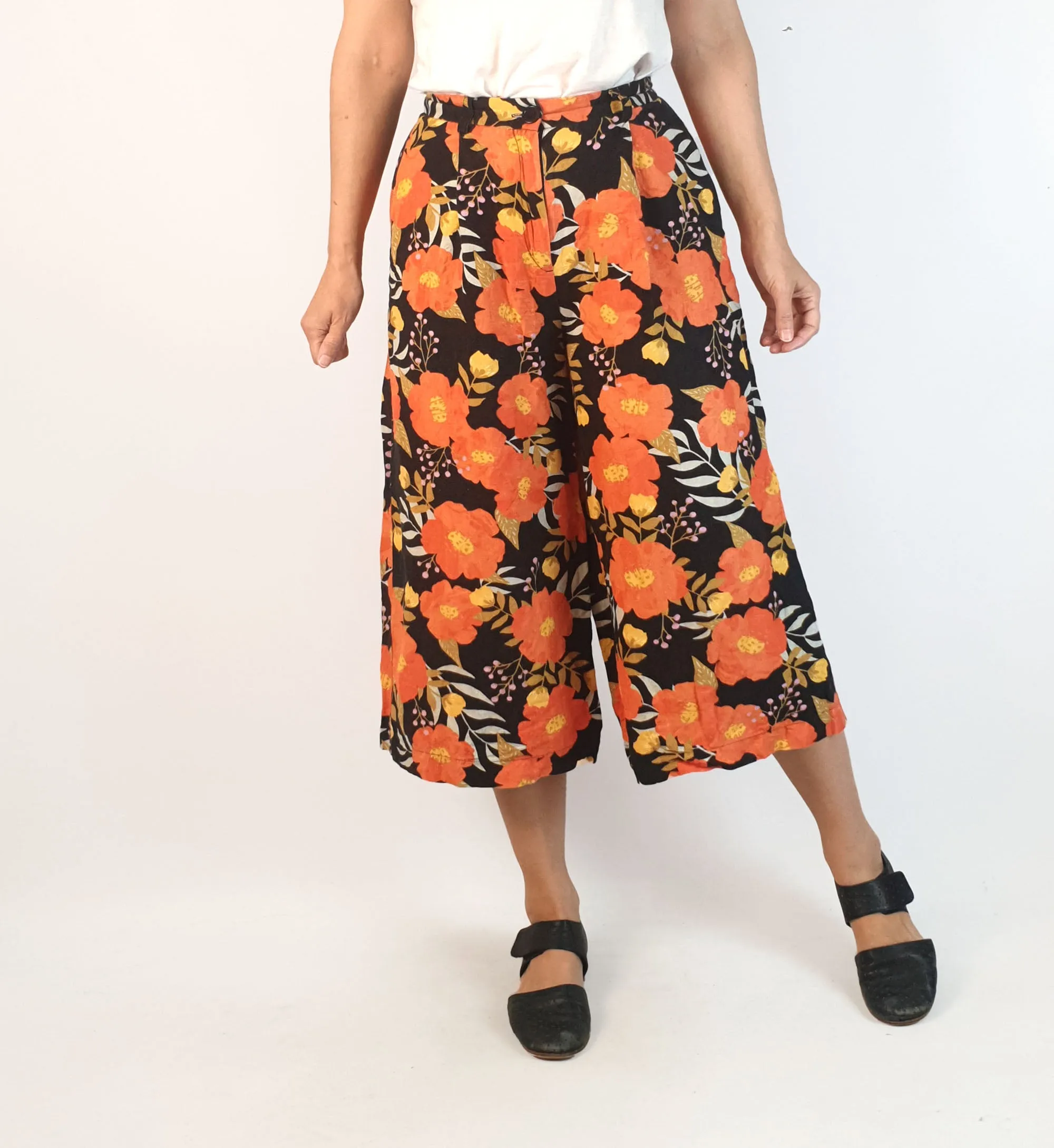 Princess Highway orange flower print wide leg linen mix pants size 8