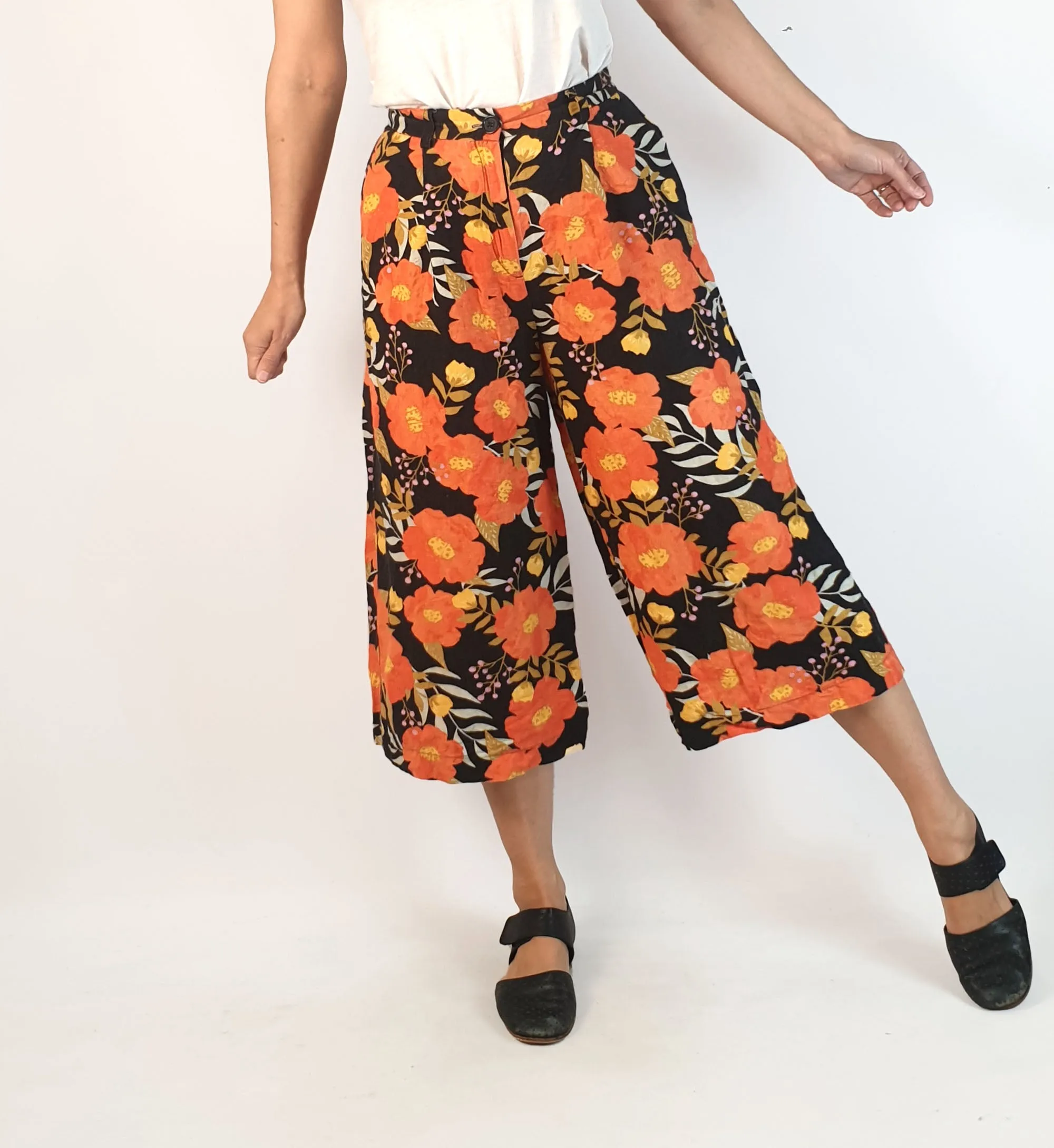 Princess Highway orange flower print wide leg linen mix pants size 8