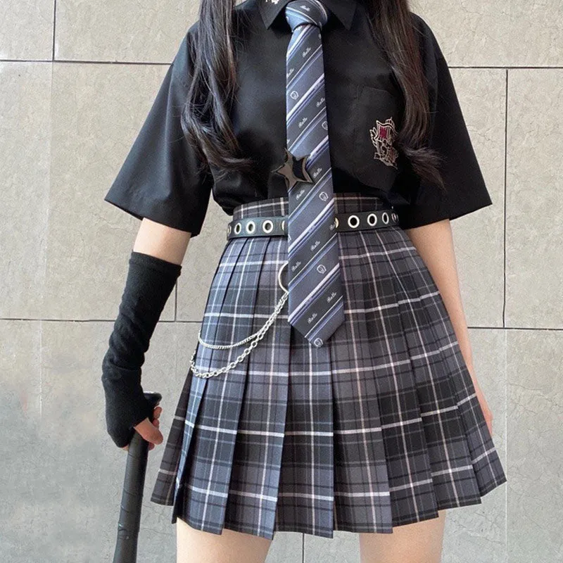 "JK SMOKY GRAY PLAID PLEATED" SKIRT / TIE N073009