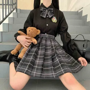 "JK SMOKY GRAY PLAID PLEATED" SKIRT / TIE N073009