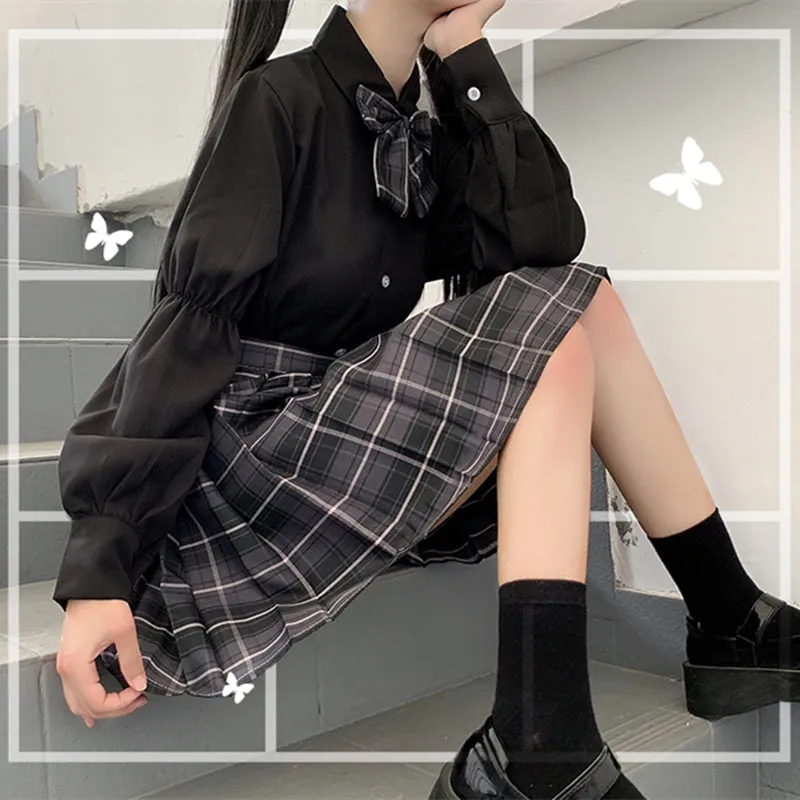 "JK SMOKY GRAY PLAID PLEATED" SKIRT / TIE N073009