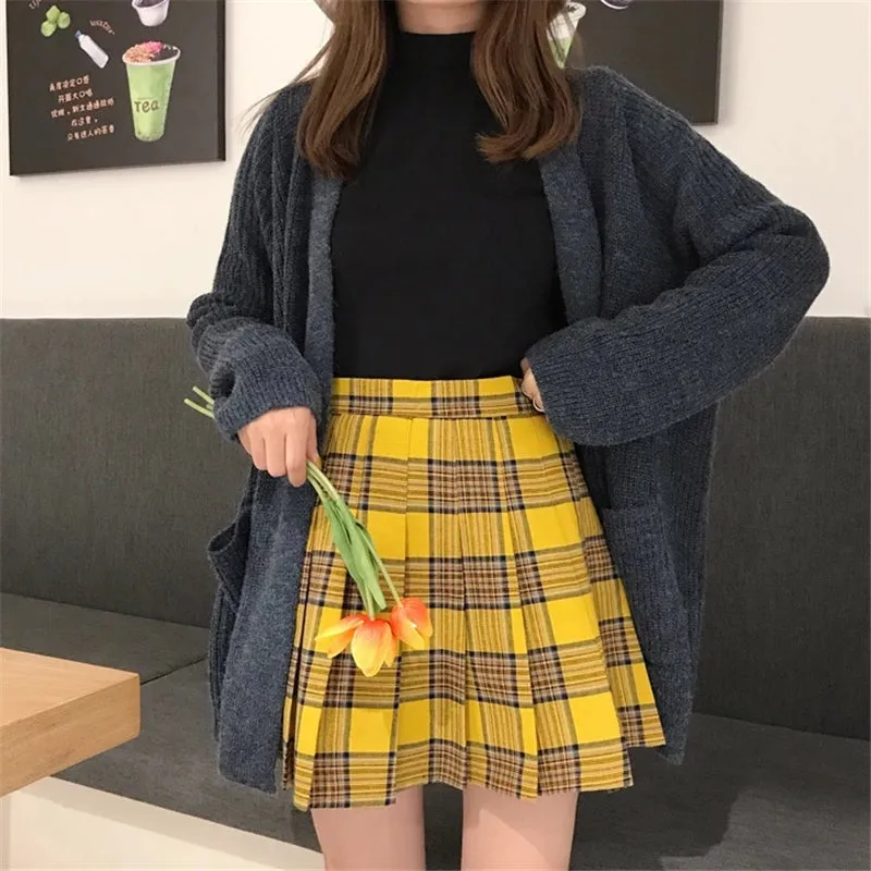 "XS-5XL PLUS SIZE YELLOW/BLACK PLAID" PLEATED SKIRT K110804