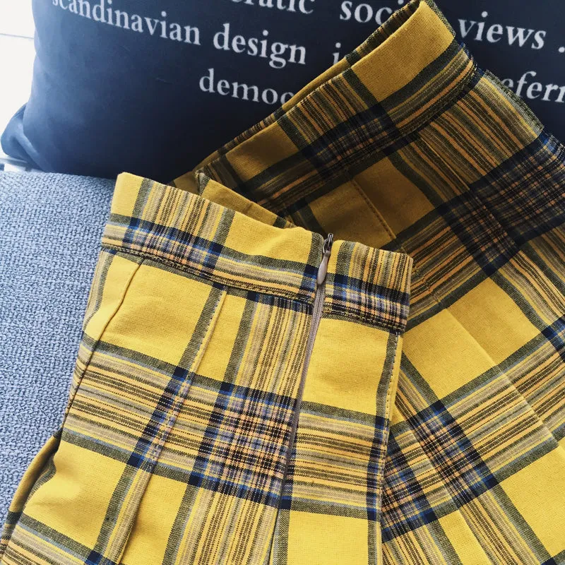 "XS-5XL PLUS SIZE YELLOW/BLACK PLAID" PLEATED SKIRT K110804