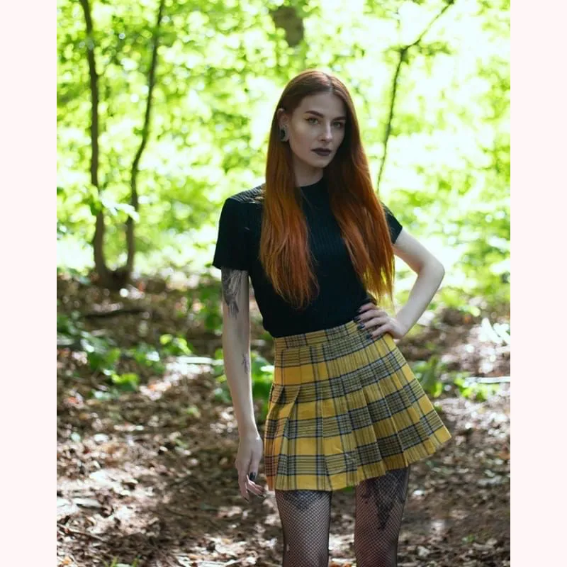 "XS-5XL PLUS SIZE YELLOW/BLACK PLAID" PLEATED SKIRT K110804
