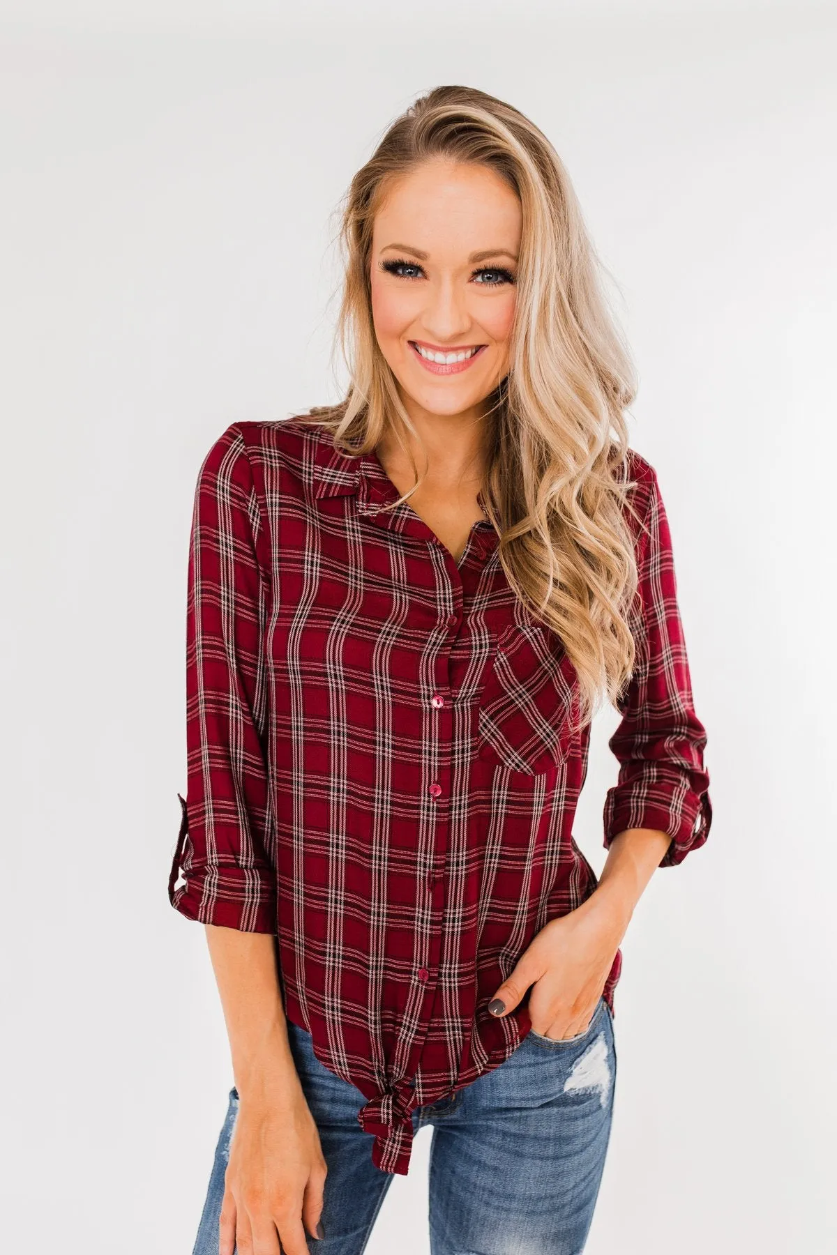 Ready For The Season Plaid Top- Cranberry