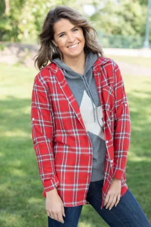 Red and White Plaid Button Up Top With Pocket
