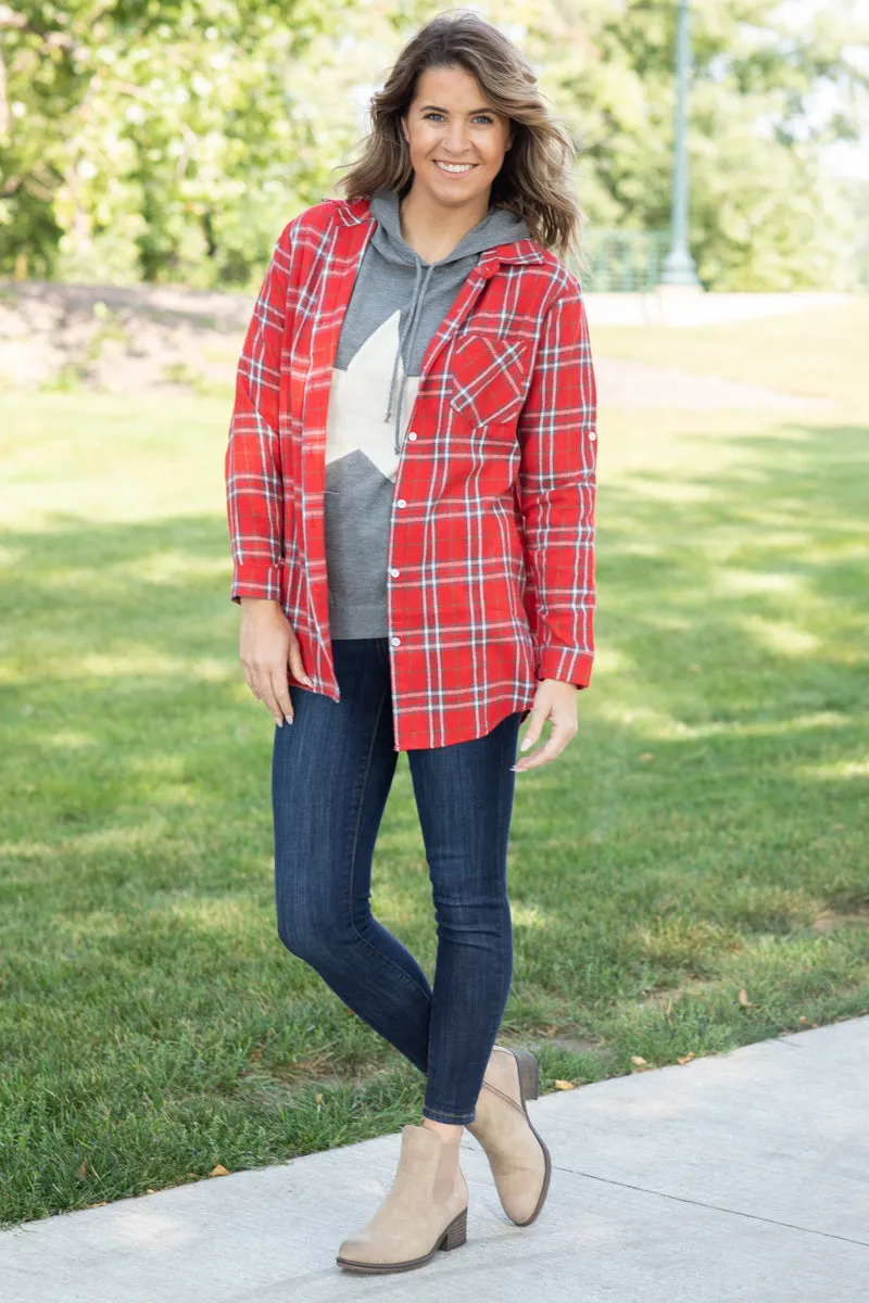 Red and White Plaid Button Up Top With Pocket