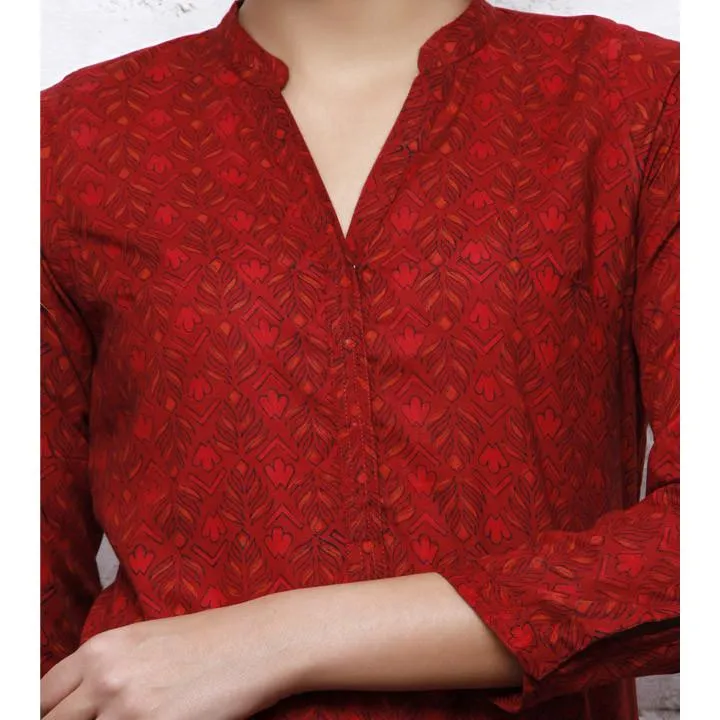 Red Cotton Printed Kurta