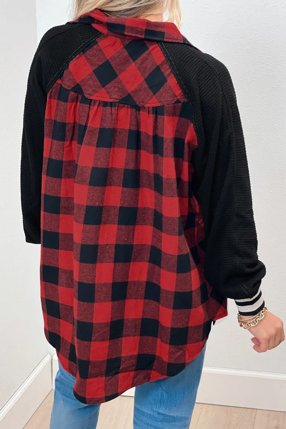 Red Plaid Patch Button-Up Jacket