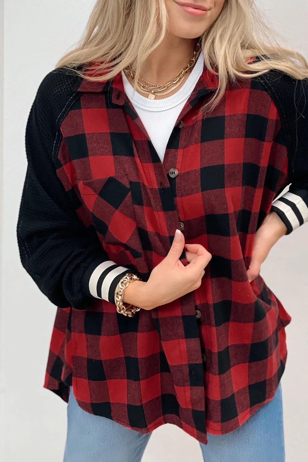 Red Plaid Patch Button-Up Jacket