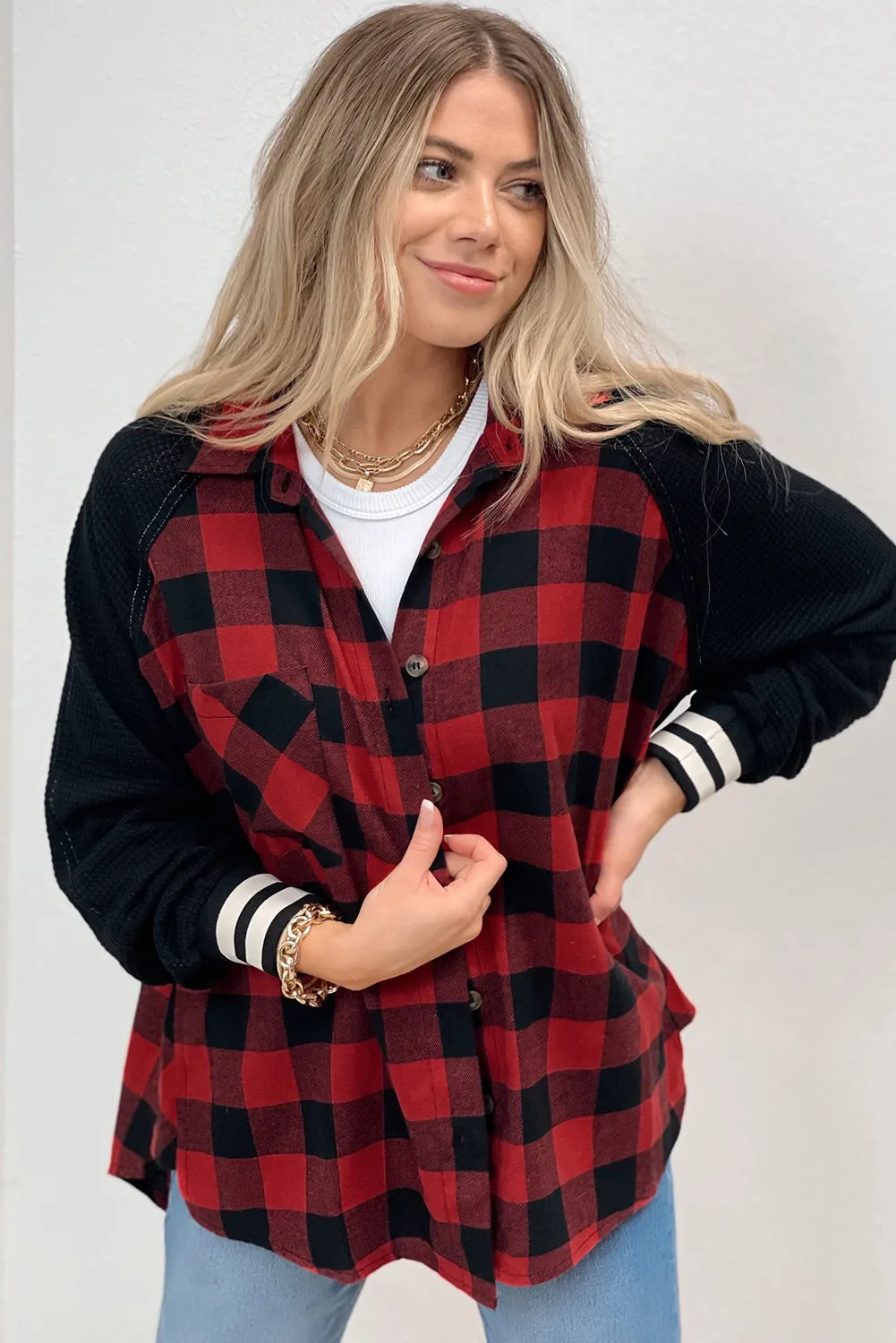 Red Plaid Patch Button-Up Jacket