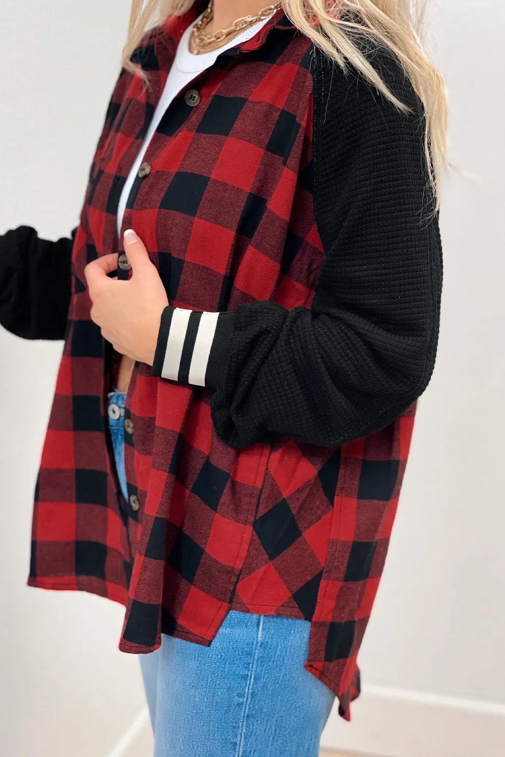 Red Plaid Patch Button-Up Jacket