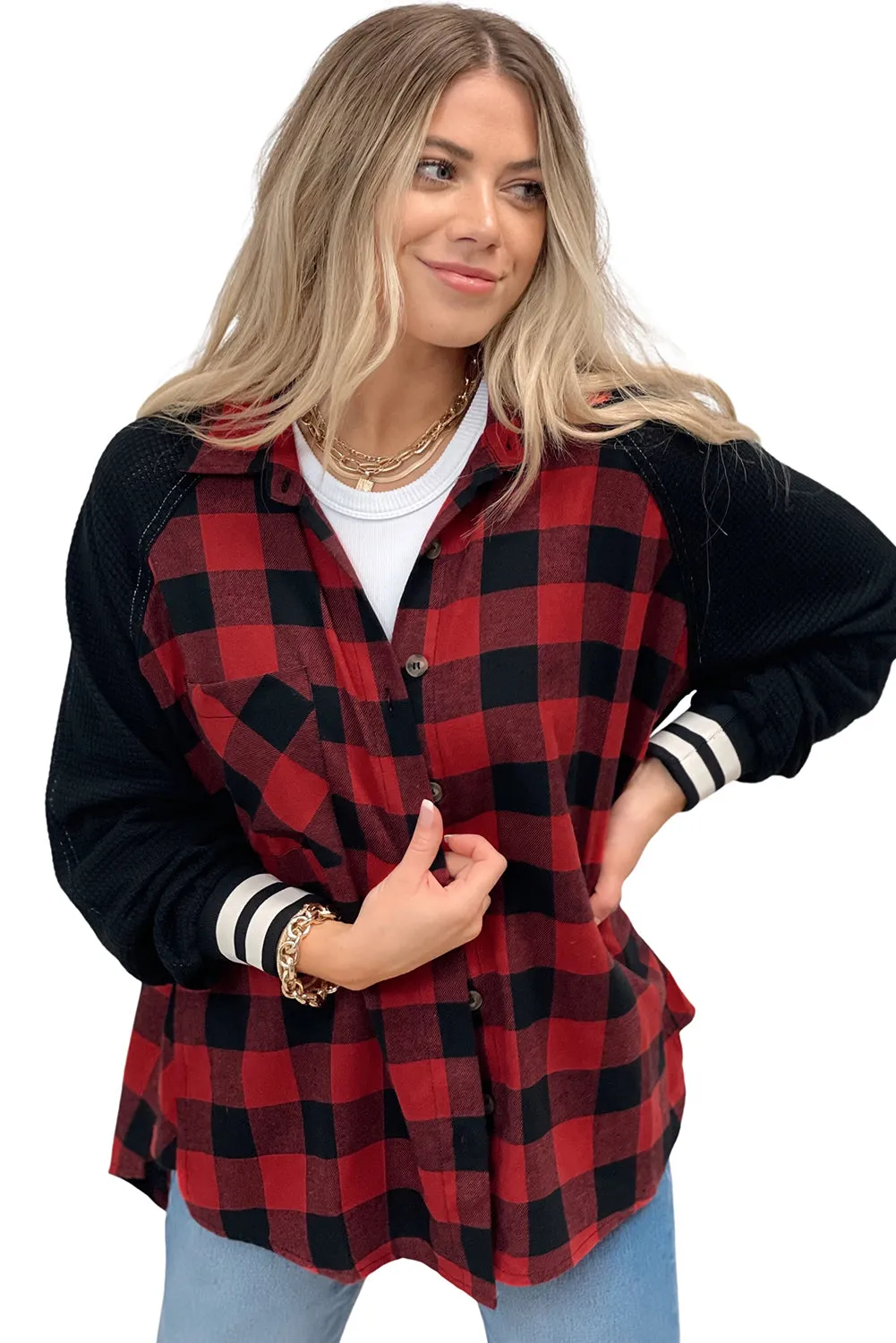 Red Plaid Patch Button-Up Jacket