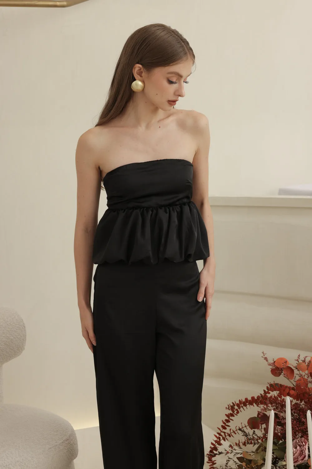 REMI PANT SET Strapless Peplum Top and Straight Cut Pant (Black Silk Crepe)