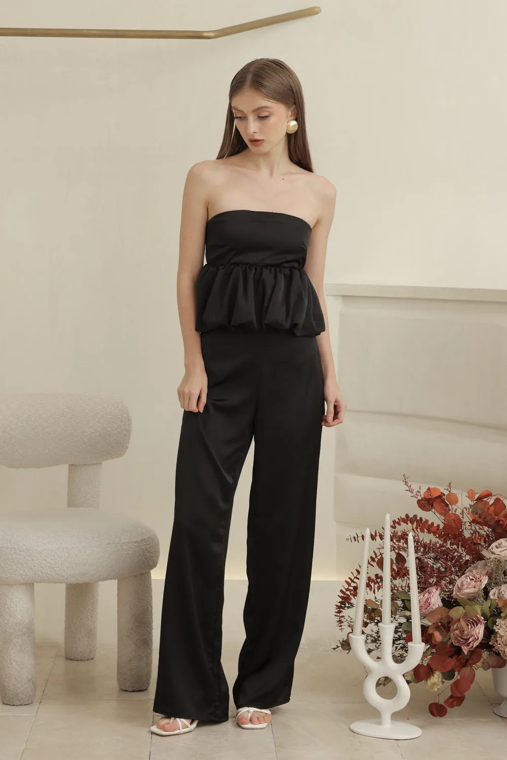 REMI PANT SET Strapless Peplum Top and Straight Cut Pant (Black Silk Crepe)