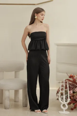 REMI PANT SET Strapless Peplum Top and Straight Cut Pant (Black Silk Crepe)