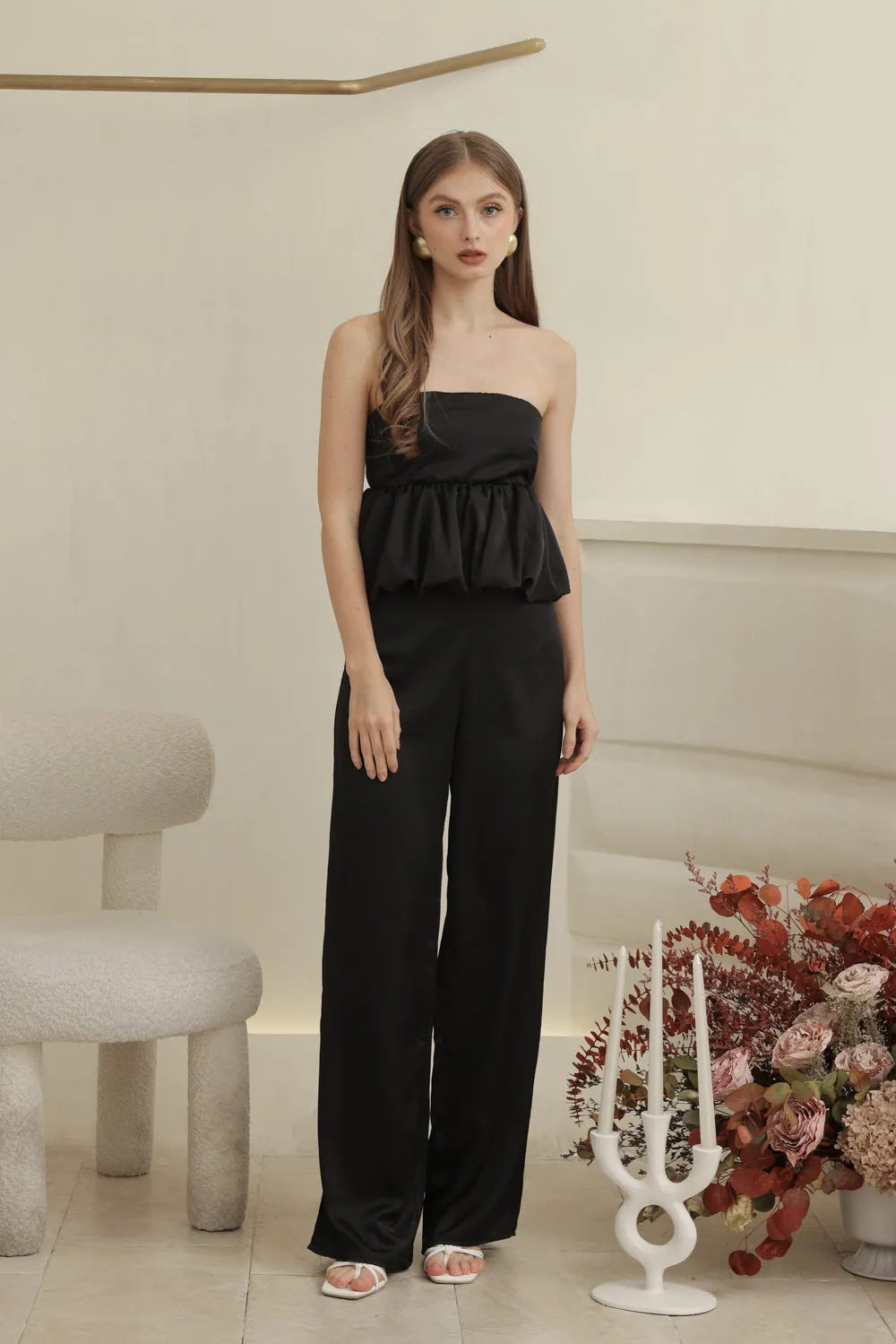 REMI PANT SET Strapless Peplum Top and Straight Cut Pant (Black Silk Crepe)