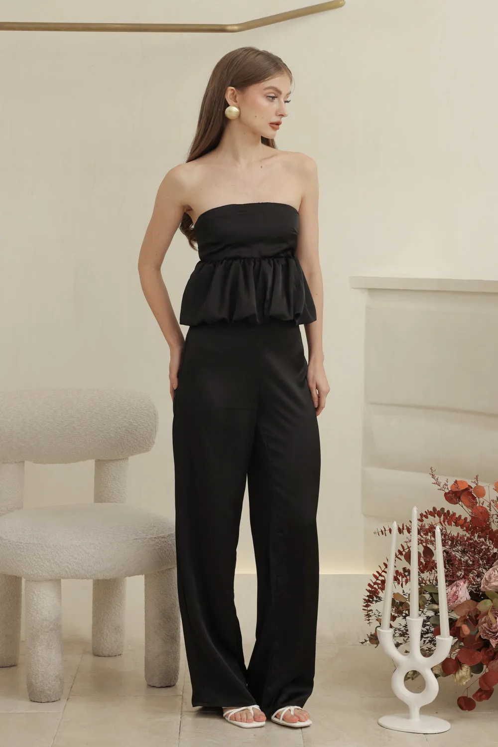 REMI PANT SET Strapless Peplum Top and Straight Cut Pant (Black Silk Crepe)