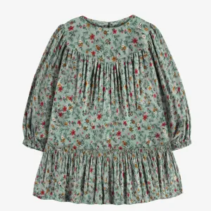 Robe verte à manches longues à motif fleuri en viscose, enfant || Green long sleeves dress with floral pattern in viscose, child