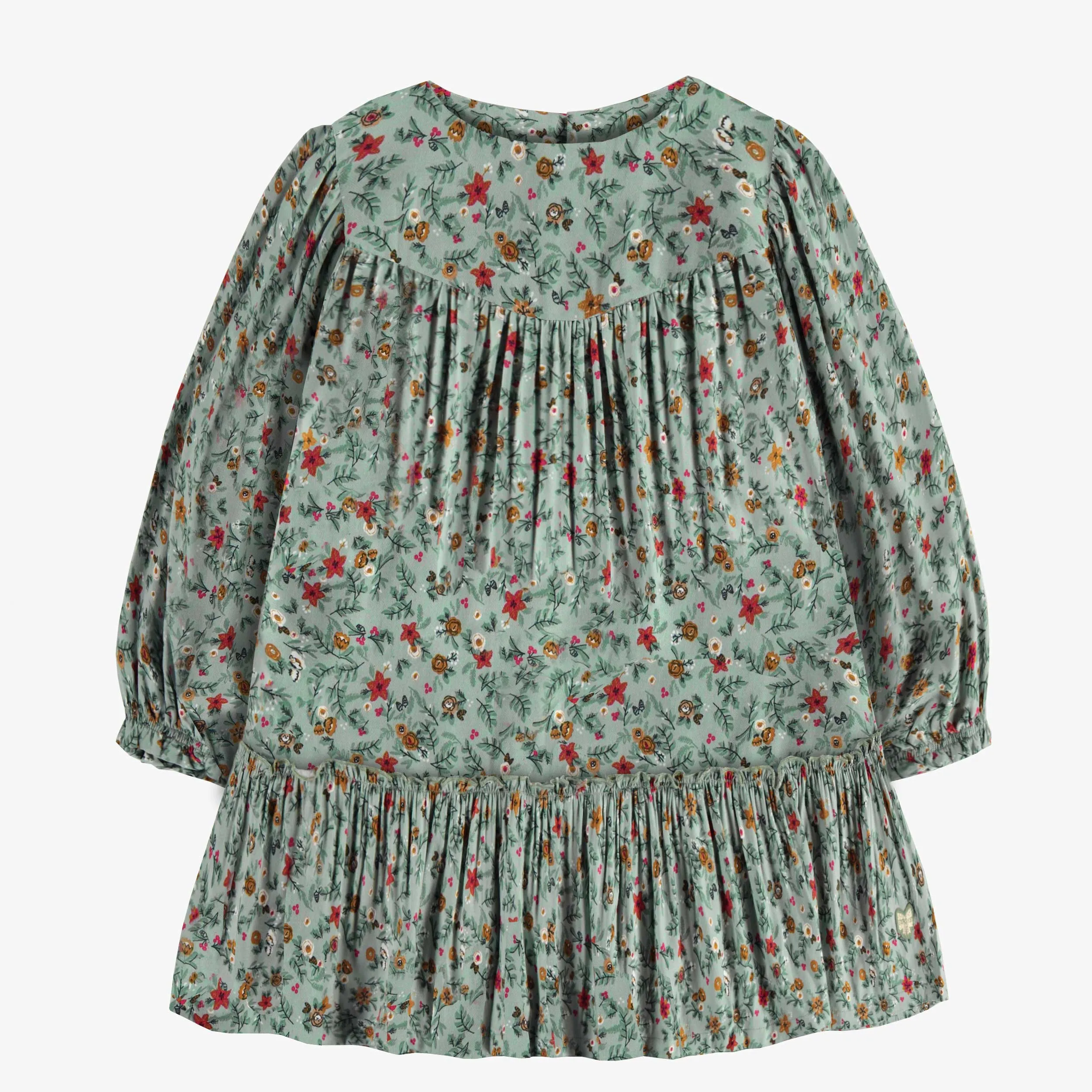 Robe verte à manches longues à motif fleuri en viscose, enfant || Green long sleeves dress with floral pattern in viscose, child
