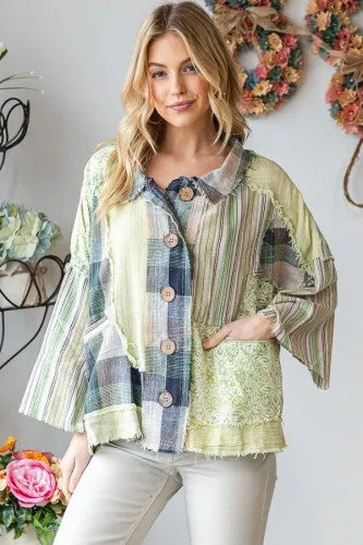 Sage Washed Mixed Fabric Button Up Jacket