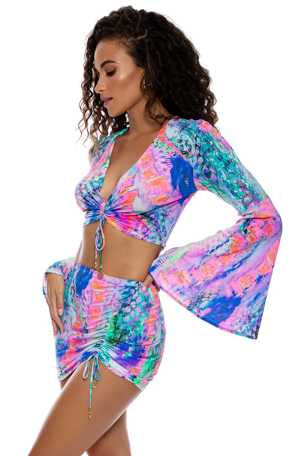 SHE'S ELECTRIC - Bell Sleeve Scrunched Crop Top & Scrunch Up Mini Skirt • Multicolor