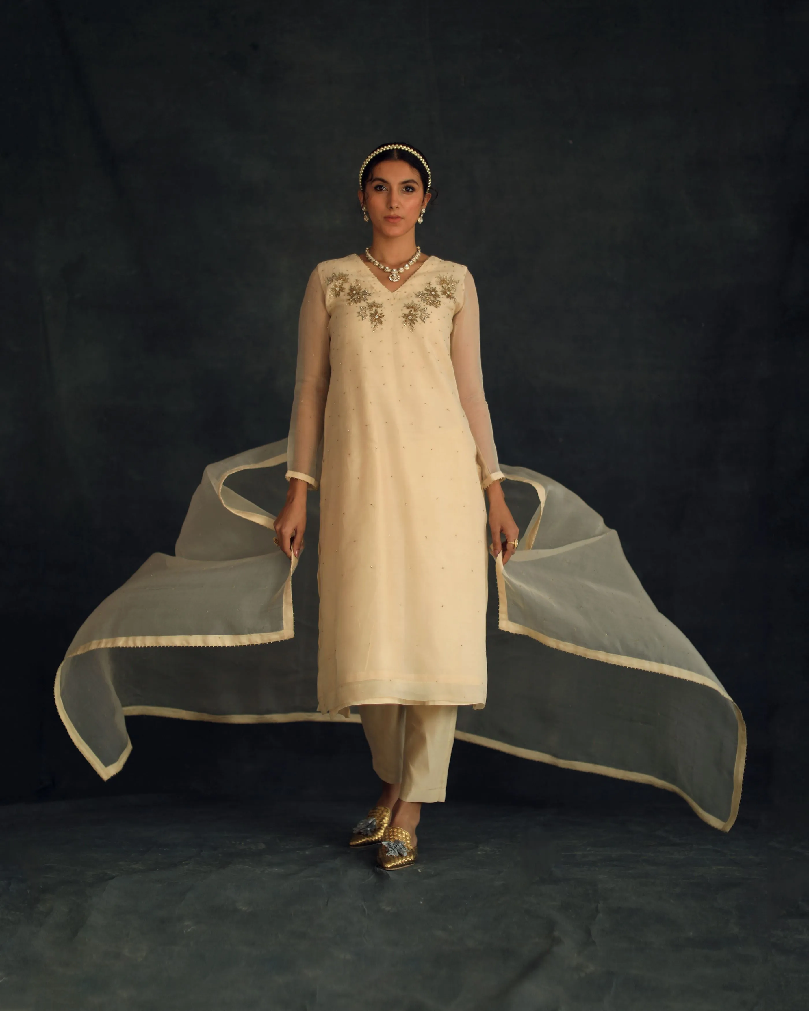 Shikha Mehta Mae Beige Jasmine Kurta Set Silk Organza Silk Chanderi Beige Hana Ss21F-Bj